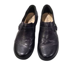 EUC Clarks Womens Collection Size 7.5M Black Leather Clog Shoes Slip On Ring